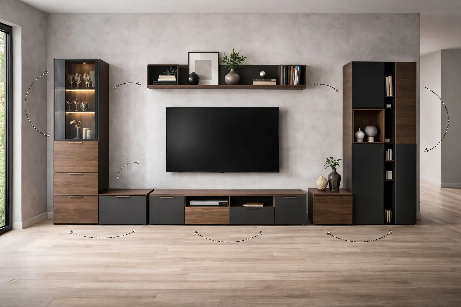 Modularni dnevni boravak s odvojenim elementima u tamnim tonovima