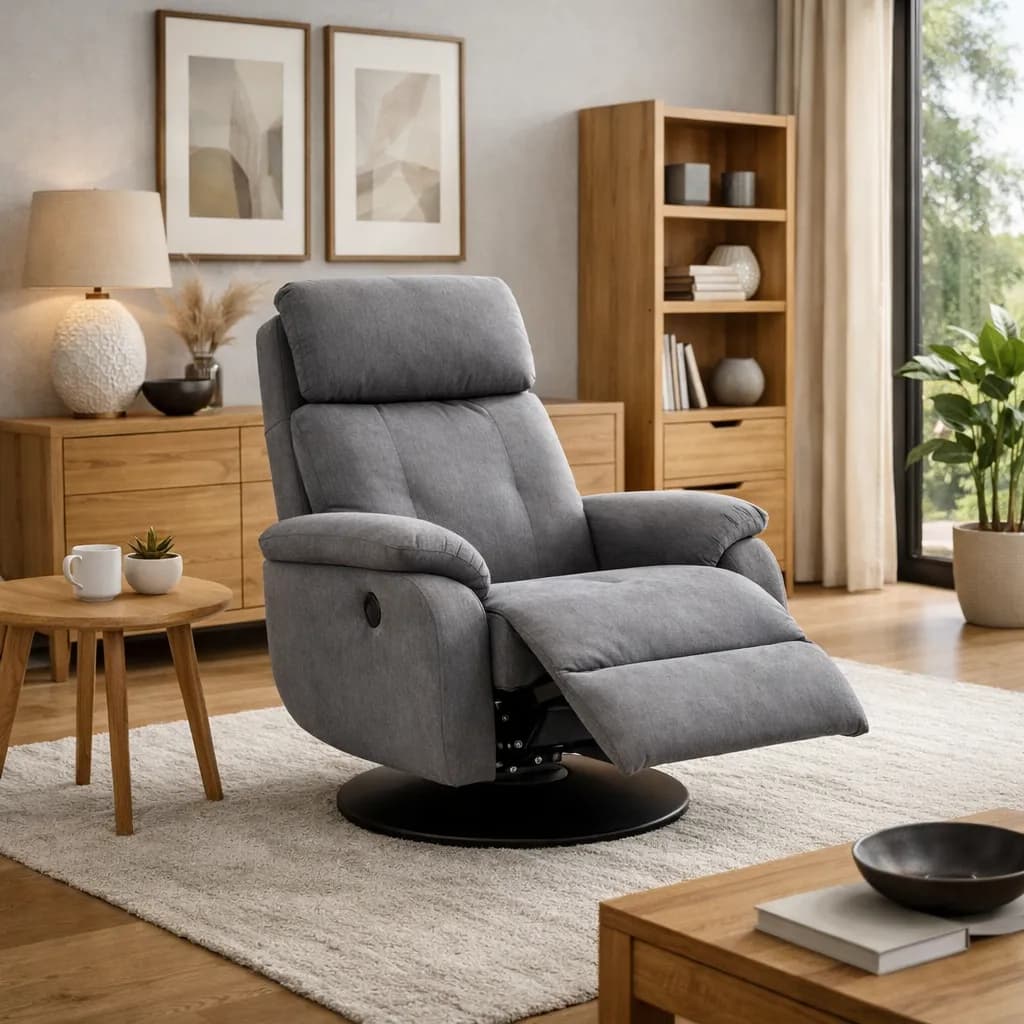 Siva relax fotelja u modernom dnevnom boravku s namještajem u dekoru modernog hrasta