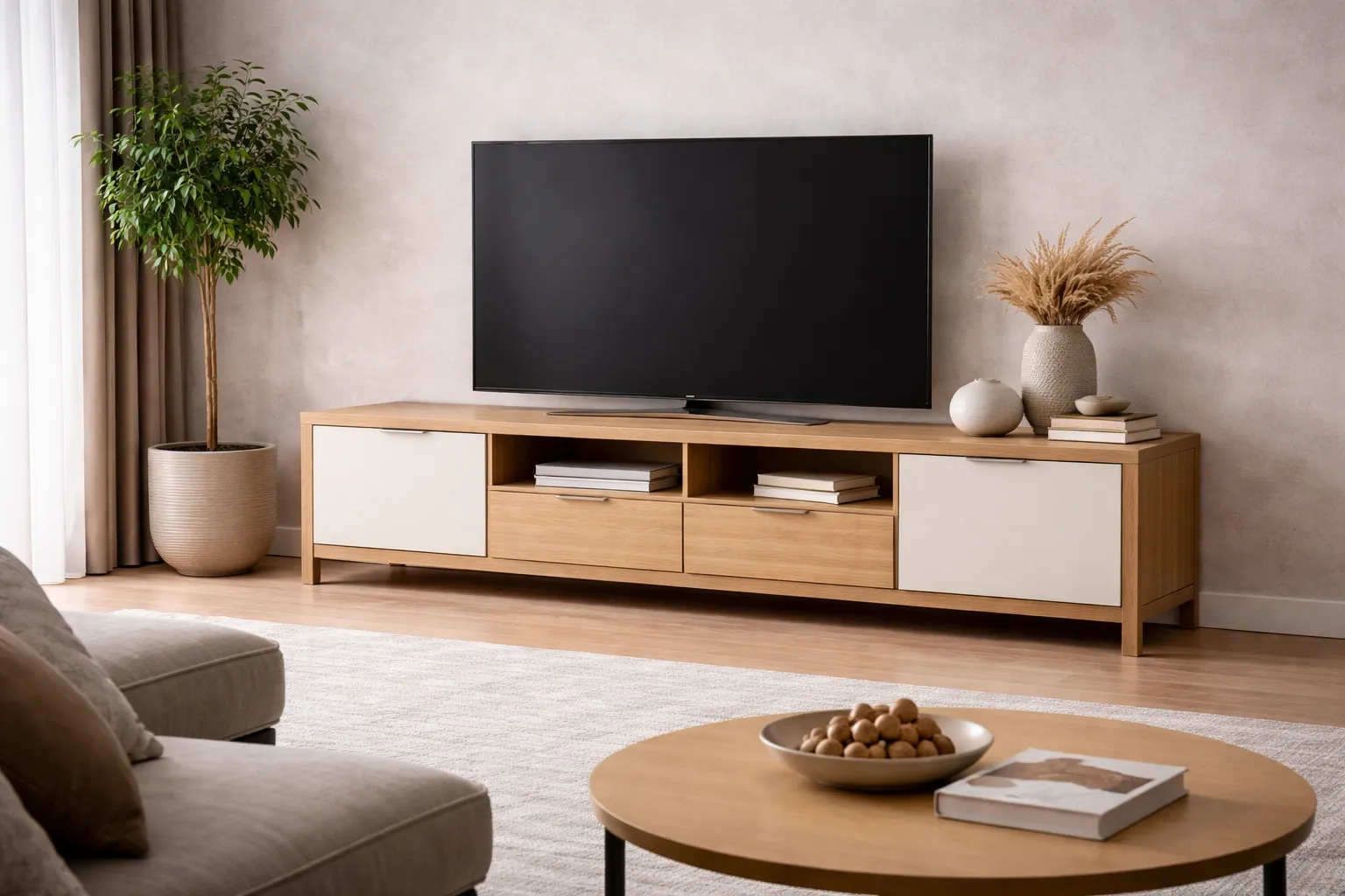 Moderni TV stolić u svijetloj boji prirodnog hrasta u dnevnom boravku